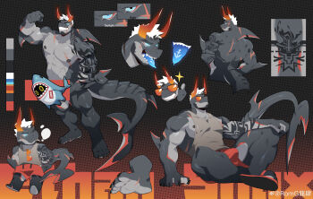 1boy abs absurdres artist_request bara beard reference_sheet chibi chibi_inset deformed ethan_shax facial_hair fins fish_tail flexing full_beard furry furry_male glowing glowing_eyes highres looking_at_viewer male_focus multiple_scars multiple_views muscular muscular_male navel nipples original scar second-party_source shark_boy shark_fin shark_tail sparkle standing strongman_waist sunglasses tail thick_eyebrows tongue tongue_out topless_male