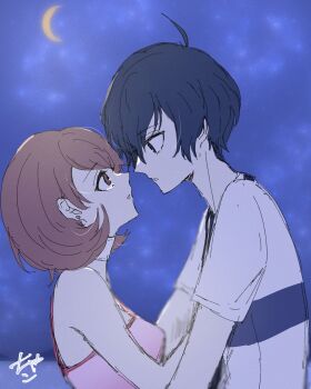 1boy 1girl ahoge bare_shoulders blue_hair blurry blurry_background breasts brown_eyes brown_hair camisole cardigan chako_(p4amg1208) choker commentary_request crescent_moon earrings eye_contact flipped_hair from_side height_difference highres jewelry looking_at_another moon night night_sky official_alternate_costume outdoors parted_lips persona persona_3 persona_3_reload pink_camisole pink_cardigan profile shirt short_hair short_sleeves signature sky stud_earrings takeba_yukari tears upper_body white_choker white_shirt yuuki_makoto_(persona_3)