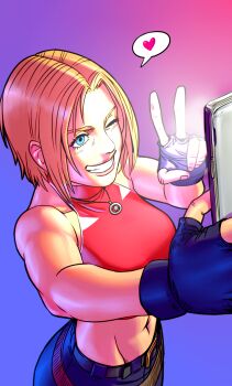 1girl ass blonde_hair blue_mary breasts female_focus gloves hand_up hands_up heart huge_ass huge_breasts large_breasts pale_skin pants phone shirt short_hair smile smiley_face spoken_heart standing tank_top the_king_of_fighters yokimura yokimura_art