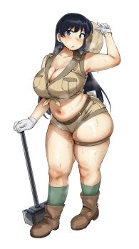 Rule 34 | 1girl, absurdres, arato nagi, bare shoulders, black hair, blue eyes, blush, boots, breasts, brown boots, brown shirt, brown shorts, cleavage, collarbone, collared shirt, gloves, green socks, hammer, highres, i kitsugi, large breasts, long hair, looking at viewer, midriff, navel, parted lips, plump, ruri no houseki, shirt, shorts, sledgehammer, sleeves rolled up, socks, solo, sweat, thick thighs, thigh strap, thighs, white gloves