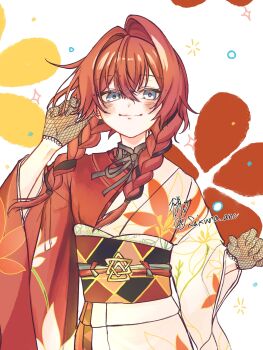 Rule 34 | 1girl, ange katrina, ange katrina (new year), black hair, black sash, blue eyes, blush, braid, closed mouth, commentary request, crossed bangs, fishnet gloves, fishnets, floral print, floral print kimono, furisode, gloves, hair between eyes, hair intakes, hair over shoulder, hand in own hair, hand up, highres, japanese clothes, kimono, light smile, long hair, long sleeves, looking at viewer, low twin braids, multicolored hair, multicolored sash, nijisanji, obi, obiage, obidome, obijime, pink sash, print kimono, red hair, red kimono, red sash, sakura anc, sash, signature, solo, sparkle, straight-on, streaked hair, twin braids, twitter username, two-tone hair, upper body, virtual youtuber, white background, white kimono