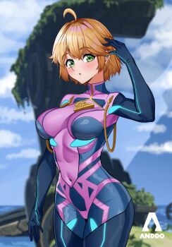 1girl absurdres blonde_hair bodysuit breasts fiora_(xenoblade) green_eyes highres i_am_anddo medium_breasts solo xenoblade_chronicles_(series) xenoblade_chronicles_1