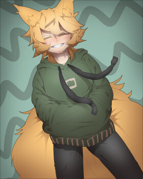 1girl animal_ear_fluff animal_ears baggy_clothes blonde_hair blush casual closed_eyes cowboy_shot crossed_bangs denim drawstring eyebrows_hidden_by_hair fox_ears fox_girl fox_tail green_background green_hoodie grin hair_between_eyes hands_in_pocket hands_in_pockets highres hood hood_down hoodie jeans kitsune large_tail long_sleeves looking_at_viewer matsunome messy_hair no_headwear pants patterned_background shaded_face shadow short_hair smile solo square standing sweater tail teeth touhou yakumo_ran yellow_eyes yellow_tail