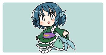 1girl :d blue_background blue_hair blush border chibi chibi_only commentary drill_hair fins frilled_kimono frills full_body green_kimono head_fins ini_(inunabe00) japanese_clothes kimono long_sleeves looking_at_viewer mermaid monster_girl obi open_mouth outline outside_border purple_sash sash short_hair simple_background smile solo touhou wakasagihime white_border white_outline wide_sleeves