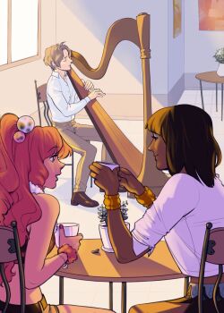 1boy 2girls 5i2 alice_(kyokugen_dasshutsu) alternate_costume bracelet brown_hair brown_pants brown_shoes buttons chair closed_eyes closed_mouth collared_shirt commentary cup dark-skinned_female dark_skin english_commentary eyelashes fingernails gold_bracelet grey_hair hair_bobbles hair_ornament harp highres holding holding_cup indoors instrument jewelry kyokugen_dasshutsu kyokugen_dasshutsu:_9_jikan_9_nin_9_no_tobira kyokugen_dasshutsu_adv:_zennin_shibou_desu long_sleeves multiple_bracelets multiple_girls music nail_polish niels_(kyokugen_dasshutsu) open_mouth pants pink_hair pink_nails plant playing_instrument potted_plant scrunchie shirt shoes short_hair sitting smile table teeth upper_teeth_only white_shirt window wrist_scrunchie yotsuba_(kyokugen_dasshutsu)