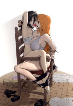 2girls armpits arms_behind_back arms_behind_head arms_up ass asymmetrical_docking ball_gag bare_legs bdsm black_hair bleach bondage_chair bottomless bound bound_feet bound_together bound_wrists bra breast_press breasts chair chest_sarashi cleavage commentary english_commentary forced_partners full_body gag glaring grey_bra grey_sports_bra hair_between_eyes highres huge_breasts inoue_orihime kuchiki_rukia kusujinn linked_gag looking_at_viewer medium_breasts multiple_girls no_panties on_chair orange_hair paid_reward_available rope sarashi sports_bra sweat tape tape_bondage thighs touching_another&#039;s_feet unaligned_breasts underwear unworn_clothes yuri