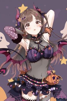 1girl arm_garter armpits arms_behind_back bandeau bare_shoulders bat_hair_ornament blush breasts brown_eyes brown_hair cleavage cowboy_shot demon_girl demon_horns demon_tail demon_wings dot_nose elbow_gloves fumito_(formit2) fur-trimmed_gloves fur_trim ghost gloves hair_ornament halloween_costume highres horns idolmaster idolmaster_shiny_colors jack-o&#039;-lantern_ornament large_breasts long_hair looking_at_viewer midriff miniskirt navel open_mouth polka_dot purple_background purple_bandeau purple_skirt see-through_clothes simple_background single_elbow_glove skirt solo sonoda_chiyoko standing star_(symbol) star_hair_ornament star_symbol_background tail wings