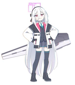 1girl 53c_(ray_cordova) black_boots black_hairband black_skirt black_thighhighs black_vest blue_archive blue_necktie boots closed_mouth collared_shirt commentary_request full_body hair_between_eyes hairband halo hands_on_own_hips jacket kei_(blue_archive) kei_(new_body)_(blue_archive) long_hair long_sleeves looking_at_viewer necktie pleated_skirt puffy_long_sleeves puffy_sleeves red_eyes shirt simple_background skirt smile solo standing thighhighs thighhighs_under_boots very_long_hair vest white_background white_hair white_jacket white_shirt