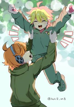 2boys ahoge arms_up blonde_hair blue_hoodie brief_(psg) closed_eyes father_and_son freckles ghostbusters_uniform green_hoodie hair_over_eyes happy hch8_atb headphones hood hoodie jumpsuit junior_(psg) multiple_boys open_mouth orange_hair panty_&amp;_stocking_with_garterbelt shoes short_hair smile twitter_username