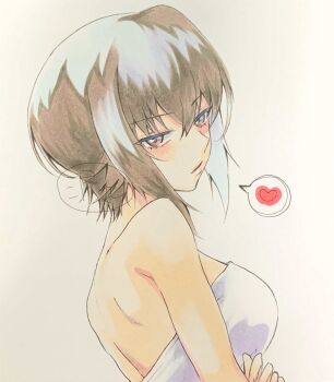 Rule 34 | 1girl, arms under breasts, breasts, brown eyes, crossed arms, expressionless, from side, girls und panzer, heart, highres, holding, holding towel, large breasts, looking at viewer, nishizumi maho, sawamaru30, short hair, signature, simple background, solo, towel, upper body, white background