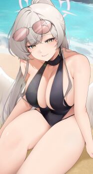 1girl absurdres bare_arms bare_legs bare_shoulders beach black_one-piece_swimsuit blonde_hair blue_archive breasts cleavage collarbone commentary_request covered_navel day dot_nose earrings eyewear_on_head f7k_x5 feet_out_of_frame hair_between_eyes halo highres jewelry large_breasts legs light_smile long_hair looking_at_viewer nagisa_(blue_archive) nagisa_(swimsuit)_(blue_archive) ocean official_alternate_costume one-piece_swimsuit sand sitting solo sunglasses swimsuit thighs white_halo yellow_eyes
