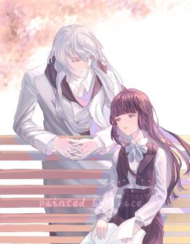 1boy 1girl artist_name autumn_leaves bench black_hair black_pants black_scarf black_skirt black_vest blue_bow blue_bowtie blue_eyes blunt_bangs book bow bowtie cardcaptor_sakura closed_mouth coat collared_shirt daidouji_tomoyo feet_out_of_frame frilled_sleeves frills grey_coat high-waist_skirt highres holding holding_book interlocked_fingers leaf leaning_forward light_smile long_hair long_sleeves looking_ahead looking_at_another open_book open_clothes open_coat open_vest own_hands_together pants park_bench parted_lips pleated_skirt purple_eyes scarf shirt sitting skirt smile standing very_long_hair vest white_background white_hair white_shirt yue_(cardcaptor_sakura) zongsi600