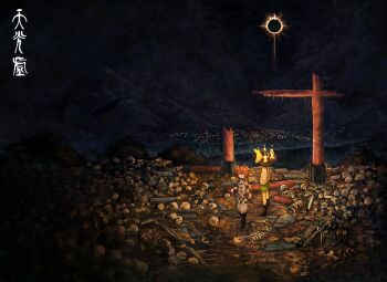 Rule 34 | 2girls, absurdres, akura514, bell, black hat, blouse, bone, bow, broken torii, candle, candle on headwear, checkered clothes, checkered kimono, checkered shirt, city lights, cloud, cloudy sky, commentary, cross, cyclops, dark, eclipse, from side, grass, green skirt, hair bell, hair between eyes, hair ornament, hat, hat bow, hat ribbon, highres, japanese clothes, jingle bell, kimono, komeiji koishi, landscape, long sleeves, mass grave, motoori kosuzu, mountainous horizon, muddy mood, multiple girls, one-eyed, ribbon, river, rock, scenery, second-party source, shirt, short hair, silk, skeleton, skirt, skull, sky, spider web, torii, touhou, twintails, two side up, wide sleeves, yellow shirt