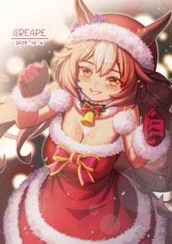 1girl animal_ears bell blush bow breasts brown_eyes brown_hair cleavage commentary_request creape dress ears_through_headwear fur-trimmed_dress fur-trimmed_gloves fur-trimmed_headwear fur_collar fur_trim gloves hair_between_eyes hat highres horse_ears horse_girl horse_tail large_breasts long_hair looking_at_viewer multicolored_hair neck_bell open_mouth red_bow red_dress red_gloves red_hat santa_costume santa_dress santa_hat smile solo tail umamusume white_hair yamanin_zephyr_(umamusume)