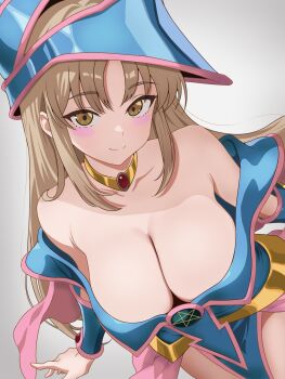 1girl arm_support black_bitou blue_hat blue_leotard blush_stickers breasts choker closed_mouth collarbone commentary_request cosplay dark_magician_girl dark_magician_girl_(cosplay) hat highres large_breasts leotard long_hair looking_at_viewer nijisanji pentagram sister_claire smile solo very_long_hair yu-gi-oh!