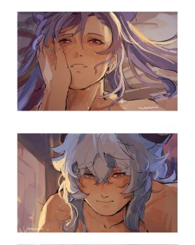 Rule 34 | 2girls, blue hair, blush, closed mouth, collarbone, commentary, ganyu (genshin impact), genshin impact, hand on another's face, hashtag-only commentary, highres, horns, keqing (genshin impact), long hair, multiple girls, nude, parted lips, purple eyes, purple hair, sweat, tapeanna, yuri