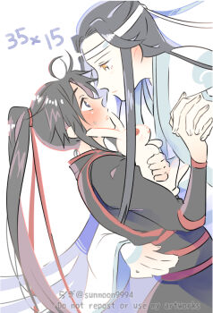 2boys aged_down ahoge animal bishounen black_hair black_hanfu black_sash black_shirt blue_eyes blush chinese_clothes closed_mouth couple eye_contact face-to-face from_side full-face_blush hair_ribbon hanfu headband holding holding_animal holding_hands holding_rabbit hug interlocked_fingers lan_wangji long_hair long_sleeves looking_at_another male_focus modao_zushi multiple_boys nipples official_alternate_costume parted_lips ponytail profile rabbit red_ribbon red_sash ribbon sash shirt sidelocks simple_background sunmoon9994 sweatdrop time_paradox twitter_username watermark wei_wuxian wei_wuxian_(yunmeng_clan) white_background white_hanfu white_headband white_rabbit_(animal) yaoi yellow_eyes