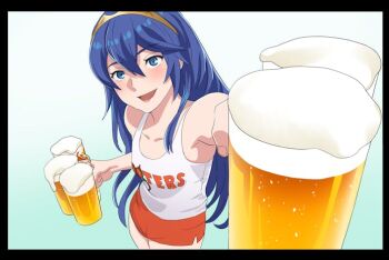 1girl alcohol alternate_costume aoki_ken&#039;ichirou beer beer_mug blue_eyes blue_hair breasts commentary commission crop_top cup english_commentary fire_emblem fire_emblem_awakening hooters long_hair looking_at_viewer lucina_(fire_emblem) mug nintendo open_mouth shorts skeb_commission small_breasts smile solo tank_top tiara very_long_hair waitress