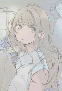 Rule 34 | 1girl, blue shirt, bouquet, brown hair, car interior, collared shirt, commentary request, flower, fly (marguerite), highres, holding, holding bouquet, long hair, looking at viewer, original, pale color, parted lips, purple flower, shirt, single hair intake, sleeveless, sleeveless shirt, solo, unfinished, upper body