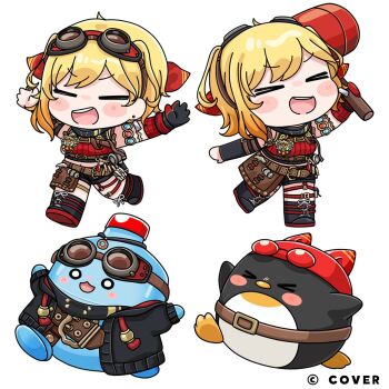 &gt;_&lt; 1girl :d animal bird black_boots black_gloves black_jacket black_shorts black_sleeves blush_stickers boots chibi closed_eyes commentary_request crop_top detached_sleeves earrings eyewear_on_head gachan_(kaela_kovalskia) gloves goggles goggles_on_head hammer highres holding holding_hammer hololive hololive_indonesia jacket jewelry kaela_kovalskia kaela_kovalskia_(4th_costume) midriff mochimiko multiple_views navel o_o official_art open_clothes open_jacket open_mouth pemaloe_(kaela_kovalskia) penguin red-tinted_eyewear red_shirt ribbed_shirt shirt shorts simple_background single_detached_sleeve single_glove smile stud_earrings tinted_eyewear virtual_youtuber white_background