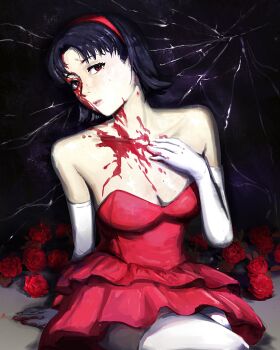 Rule 34 | 1girl, absurdres, bare shoulders, black hair, blood, blood on clothes, blood on face, blood on gloves, blood on hands, blood splatter, breasts, cleavage, collarbone, commentary, crack, crossed legs, dark background, dress, elbow gloves, flipped hair, flower, frilled dress, frills, gloves, hairband, highres, kirigoe mima, looking at viewer, mon (icebuko), parted lips, perfect blue, red dress, red eyes, red flower, red hairband, red rose, rose, short hair, sitting, solo, strapless, strapless dress, white gloves
