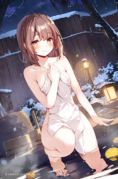 1girl bare_shoulders bath blush breasts brown_hair bucket closed_mouth collarbone commentary_request covering_privates dot_nose flower food fruit fruit_on_liquid hair_flower hair_ornament holding holding_towel kayo_(miyase_mahiro) lantern looking_at_viewer miyase_mahiro naked_towel night onsen original outdoors short_hair smile snow solo steam towel water wet white_flower wooden_bucket yuzu_(fruit) yuzu_bath