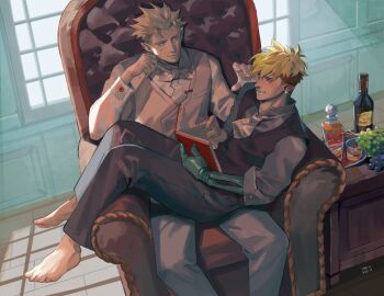 2boys barefoot black_pants black_vest blonde_hair blue_eyes book bottle bow bowtie brothers carafe chair cocktail_glass collared_shirt cup drinking_glass earrings food fruit grapes grey_hair grey_pants grey_shirt grey_vest hair_between_eyes hand_on_another&#039;s_shoulder highres holding holding_book incest indoors jewelry looking_at_another male_focus mechanical_arms millions_knives multiple_boys neckerchief open_mouth pants pointy_ears reading shirt short_hair siblings single_mechanical_arm sitting sitting_on_lap sitting_on_person sleeves_rolled_up trigun undercut vash_the_stampede vest white_bow white_bowtie white_neckerchief white_shirt window wine_bottle yaoi yukinnn