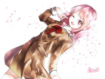 1girl ;d aose_ao bang_dream! bang_dream!_girls_band_party! brown_dress commentary_request dress dutch_angle hanasakigawa_school_uniform highres maruyama_aya medium_hair one_eye_closed open_mouth pink_hair pleated_dress pointing pointing_at_self red_ribbon ribbon sailor_collar sailor_dress school_uniform signature smile solo upper_body white_background white_sailor_collar