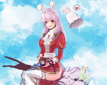 1girl animal_ears blue_sky breasts camera cloud commentary_request cross cross_necklace dress fake_animal_ears feet_out_of_frame garter_straps ghost gobaku_no_hito hair_tubes heart high_priest_(ragnarok_online) holding holding_camera jewelry juliet_sleeves long_hair long_sleeves looking_at_viewer lunatic_(ragnarok_online) medium_breasts necklace open_mouth puffy_sleeves purple_eyes purple_hair rabbit rabbit_ears ragnarok_online red_dress sash sitting sky smile solo spoken_heart thighhighs two-tone_dress whisper_(ragnarok_online) white_dress white_sash white_thighhighs