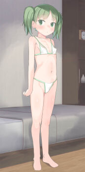 1girl bare_arms bare_legs bare_shoulders barefoot bed bikini breasts clock closed_mouth collarbone covered_erect_nipples full_body green_eyes green_hair groin highres indoors loli navel original orishima_kei small_breasts solo standing swimsuit twintails wall_clock white_bikini wooden_floor yone_kinji