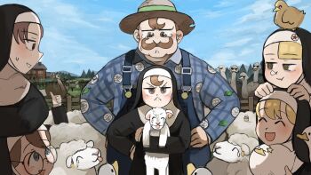 1boy 6+girls :< :d :t ^_^ animal animal_on_hand animal_on_head animal_on_shoulder baby_animal bicycle bird bird_on_hand bird_on_head bird_on_shoulder blonde_hair blue_eyes brown_eyes brown_hair closed_eyes clumsy_nun_(diva) commentary diva_(hyxpk) duck duckling ear_tag elbow_on_another's_head elbow_rest empty_eyes english_commentary facial_hair farm farmer father_and_daughter fence froggy_nun's_father_(diva) froggy_nun_(diva) glasses glasses_nun_(diva) habit hand_on_another's_head hand_on_own_hip happy_tears hat highres holding holding_animal holding_bird house hungry_nun_(diva) lamb leaf little_nuns_(diva) multiple_girls mustache nose_bubble nun on_head open_mouth ostrich outdoors outstretched_arm overalls peeking_out plaid_clothes plaid_shirt print_shirt red_hair sheep shirt sign sky slice_of_life smile spicy_nun_(diva) star_(symbol) sticker straw_hat surprised sweatdrop tearing_up tears terminator_(series) terminator_2:_judgment_day thumbs_up tongue tongue_out traditional_nun tree yellow_eyes