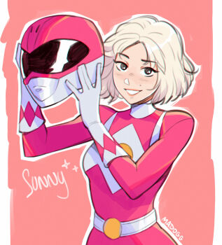 1girl artist_name blonde_hair blush bodysuit breasts character_name cowboy_shot gloves grin helmet highres madogg medium_breasts mighty_morphin_pink_ranger mighty_morphin_power_rangers no_headwear original outline pink_bodysuit power_rangers ptera_ranger short_hair smile solo sparkle sunny_(madogg) teeth unworn_headwear unworn_helmet white_gloves white_outline