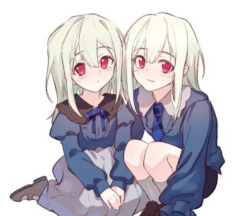 2girls :3 bang_dream! bang_dream!_it&#039;s_mygo!!!!! blue_necktie blue_shirt blush chinese_commentary commentary_request green_hair grey_skirt hair_between_eyes hero45439083942 highres long_hair long_sleeves looking_at_viewer multiple_girls necktie original red_eyes shirt siblings simple_background sisters skirt socks squatting twins wakaba_ameha wakaba_wakaho white_background white_socks