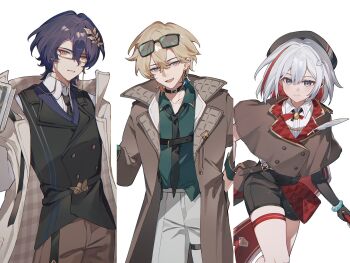 Rule 34 | 1girl, 2boys, aventurine (honkai: star rail), bare shoulders, black hat, black necktie, black shirt, blonde hair, blue eyes, blush, brown coat, closed mouth, coat, colored inner hair, commentary request, detached sleeves, dr. ratio (honkai: star rail), eyewear on head, glasses, hair ornament, hairclip, hat, highres, honkai: star rail, honkai (series), looking at viewer, multicolored eyes, multicolored hair, multiple boys, nanyi46293, necktie, numby (honkai: star rail), open clothes, open coat, open mouth, purple eyes, purple hair, red eyes, red hair, shirt, short hair, thigh strap, topaz (honkai: star rail), trotter (honkai: star rail), white hair
