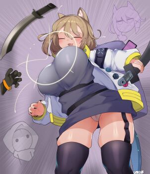 1girl :d absurdres animal_ears arknights black_garter_straps black_gloves black_nails blonde_hair bouncing breasts commentary cuddz emphasis_lines english_commentary fang garter_straps gloves grey_shirt highres holding holding_sword holding_weapon infection_monitor_(arknights) jacket large_breasts mask open_clothes open_jacket open_mouth panties reunion_soldier_(arknights) sheath sheathed shirt skin_fang smile sword tail underwear utage_(arknights) weapon white_jacket white_panties