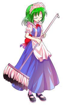 Rule 34 | 1girl, alphes (style), android, apron, bare arms, blue dress, blue shoes, commentary request, dairi, dress, frilled sleeves, frills, full body, green hair, hair between eyes, holding, large variant set, maid, maid apron, maid headdress, mary janes, mop, parody, parted bangs, puffy short sleeves, puffy sleeves, ruukoto, shoes, short hair, short sleeves, socks, solo, standing, style parody, tachi-e, touhou, touhou (pc-98), transparent background, variant set, waist apron, white apron, white socks