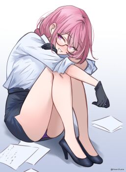 1girl absurdres artist_name bare_legs black_gloves black_shoes black_skirt glasses gloves hanniyume high-waist_skirt highres legs_together long_hair office office_lady on_floor paper pencil_skirt pink_eyes pink_hair shoes sitting skirt smile solo tsukishiro_yanagi twitter_username zenless_zone_zero