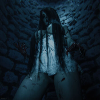1girl 3d black_lips blender_(medium) blood blood_on_hands breasts dress ecksoh fingernails ghost highres long_fingernails long_hair pale_skin the_ring torn_clothes white_dress yamamura_sadako