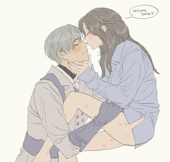 1boy 1girl absurdres barefoot bite_mark bite_mark_on_thigh blue_shirt blush braid brown_hair closed_eyes closed_mouth collared_shirt couple crown_braid english_text gloves grey_gloves grey_hair grey_jacket hair_between_eyes hand_on_another's_chin hetero highres jacket kiss kissing_nose ladxena long_hair love_and_deepspace no_pants parted_bangs protagonist_(love_and_deepspace) shirt short_hair smile speech_bubble white_background xavier_(love_and_deepspace)