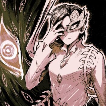 Rule 34 | 1girl, arm up, buttons, closed mouth, commentary, diamond button, english commentary, eye print, greyscale, hand over eye, highres, iwanaga ariya, long sleeves, mask over one eye, monochrome, nekolina, shirt, short hair, skeletal wings, solo, touhou, upper body, v-shaped eyebrows, wings