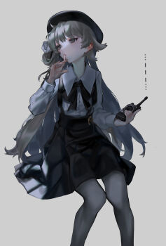 1girl absurdres alternate_hair_length alternate_hairstyle bad_id bad_pixiv_id beret black_ribbon collared_shirt ears female_focus grey_eyes grey_hair grey_pantyhose hand_to_own_mouth hat hatoba_tsugu highres holding long_hair long_sleeves looking_to_the_side milin_(orange_maru) mole mole_under_eye morse_code pantyhose ribbon shirt sitting skirt solo standing suspender_skirt suspenders very_long_hair virtual_youtuber walkie-talkie white_background