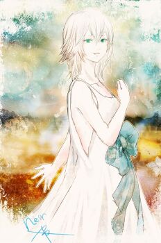 1girl aqua_eyes bare_arms bare_shoulders collarbone commentary_request copyright_name double-parted_bangs dress hair_between_eyes hand_up medium_hair nier nier_(series) ruka_(blueplus84) sleeveless sleeveless_dress solo white_dress white_hair yonah