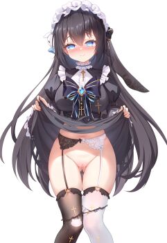 1girl absurdres asymmetrical_legwear black_dress black_hair black_thighhighs blue_eyes blush breasts chinese_commentary cleft_of_venus closed_mouth clothes_lift commentary_request dress dress_lift feet_out_of_frame garter_belt gluteal_fold highres juliet_sleeves large_breasts lifting_own_clothes long_hair long_sleeves looking_at_viewer maid maid_headdress mismatched_legwear mismatched_thighhighs navel nose_blush original panties panty_pull puffy_sleeves pussy pussy_juice pussy_juice_stain qian_hen simple_background smile solo stained_panties thighhighs torn_clothes torn_dress uncensored underwear variant_set very_long_hair white_background white_panties white_thighhighs