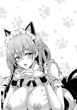 1girl :o animal_ears blush boku_no_kanojo_sensei breasts breasts_out cat_ears cat_tail cream crossed_bangs earrings embarrassed fake_animal_ears fake_tail female_focus frills fujiki_maka highres jewelry large_breasts long_hair looking_at_viewer lying maid maid_headdress milk_box monochrome nipples on_stomach open_mouth oryo_(oryo04) own_hands_together sdwing sexually_suggestive simple_background smile solo tail