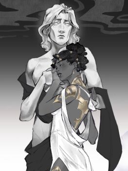 1girl arcane:_league_of_legends arm_tattoo back bangg_cherry bare_shoulders closed_eyes collarbone commentary couple dark-skinned_female dark_skin dreadlocks dress ear_piercing earrings english_commentary from_side glitter glitter_makeup gold_tattoo gradient_background grey_background hair_ornament hair_up highres jewelry league_of_legends leaning_to_the_side mel_(league_of_legends) mole monochrome parted_bangs parted_lips piercing scarf side_slit solo standing statue tattoo upper_body very_dark_skin viktor_(league_of_legends) wavy_hair