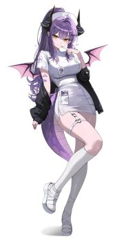 Rule 34 | 1girl, bandaid, bandaid on arm, black jacket, breasts, commentary, dragon girl, dragon horns, dragon tail, dragon wings, english commentary, finger to mouth, full body, hat, heart, heart o-ring, highres, horns, jacket, kkato, kneehighs, looking at viewer, nurse, nurse cap, o-ring, o-ring thigh strap, off shoulder, purple hair, sakihane huya, sandals, shoes, short sleeves, simple background, smile, socks, solo, standing, standing on one leg, stellive, tail, thigh strap, virtual youtuber, white background, white sandals, white shoes, white socks, wings, yellow eyes