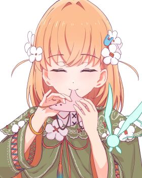 Rule 34 | 1girl, closed mouth, commentary request, facing viewer, fairy, flower, flower knot, green robe, hair flower, hair ornament, hasunosora fantasy, highres, hinoshita kaho, instrument, kannogi, link! like! love live!, long sleeves, love live!, medium hair, music, neck tassel, ocarina, official alternate costume, orange hair, playing instrument, robe, shirt, simple background, smile, solo, tassel, two side up, upper body, white background, white flower, white shirt