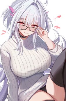0nineo9 1girl absurdres ahoge black_panties black_thighhighs blush breasts choker commentary english_commentary fate/grand_order fate_(series) glasses highres large_breasts licking_lips long_hair long_sleeves looking_at_viewer merlin_(fate/prototype) panties pointy_ears red_eyes ribbed_sweater sidelocks smile solo sweater thighhighs thighs tongue tongue_out turtleneck turtleneck_sweater underwear very_long_hair white_hair white_sweater