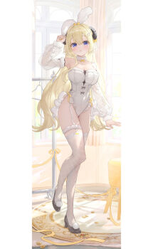 1girl animal_ears bare_shoulders black_shoes blonde_hair breasts commentary_request detached_sleeves fake_animal_ears full_body fuumi_(radial_engine) hand_up high_heels highres hololive horns indoors leotard long_hair long_sleeves looking_at_viewer official_artist_extra parted_lips playboy_bunny purple_eyes rabbit_ears sheep_ears sheep_girl sheep_horns shoes standing thighhighs tsunomaki_watame very_long_hair virtual_youtuber white_leotard white_thighhighs