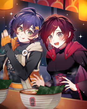 2girls :p absurdres belle_(zenless_zone_zero) belt black_corset black_dress black_shirt blue_hair blush bowl breasts cape commentary_request corset dress drooling eyelashes fingerless_gloves food food_request gloves green_eyes grey_eyes hair_ornament highres letter_hair_ornament long_sleeves miviy19 mouth_drool multiple_girls open_mouth orange_belt orange_gloves own_hands_together red_cape red_hair ruby_rose rwby shirt short_hair smile sparkle steam teeth tongue tongue_out upper_body upper_teeth_only zenless_zone_zero